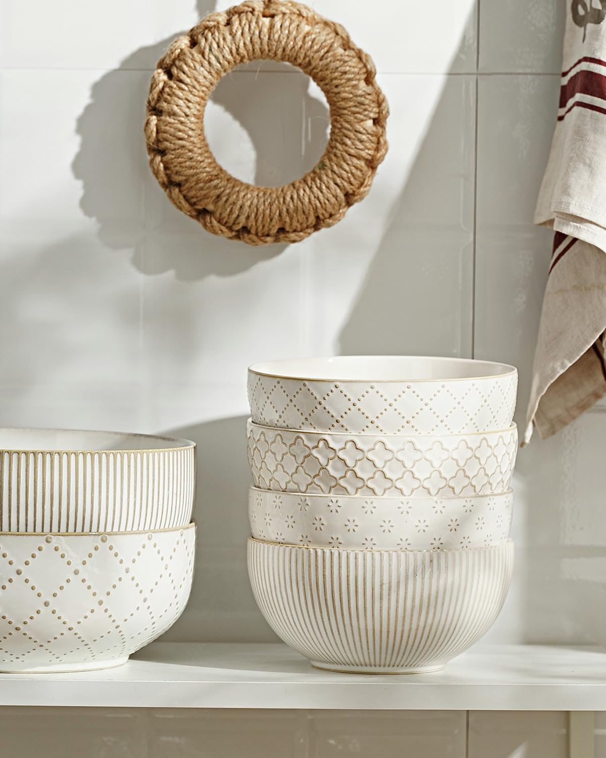 getstar Ceramic Soup Bowls, Big Cereal Bowl Set of 4 with Assorted Embossment...