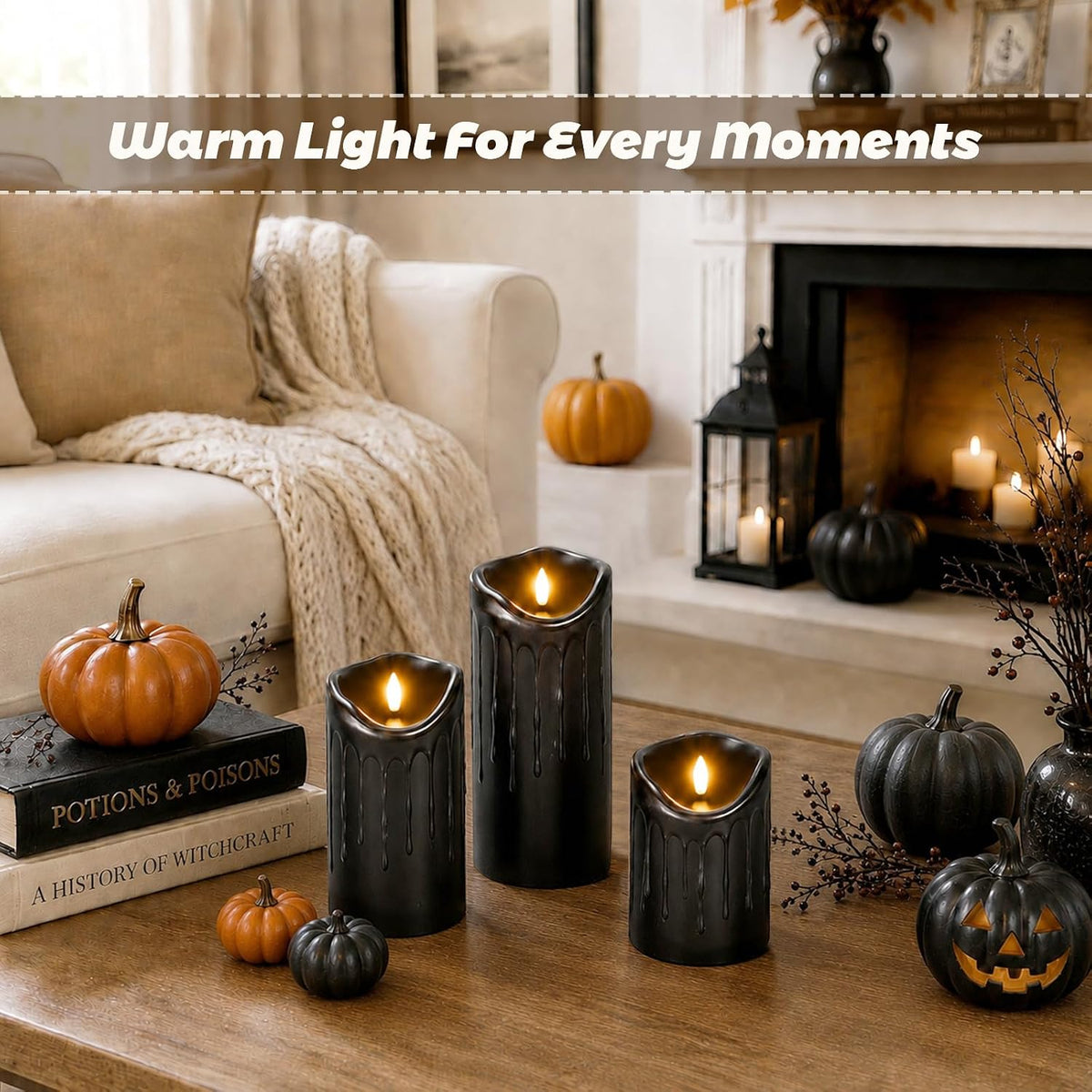 MUMCHASI Black Flameless Candles Set of 5, Black Halloween Battery Operated C...