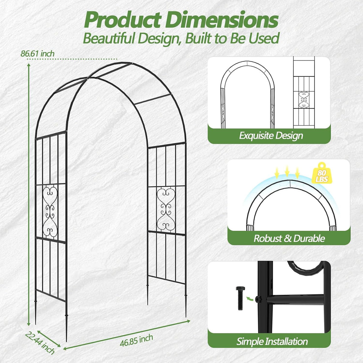 Metal Garden Arch – 47"(L) x 87"(H) Rust-Proof Arbor Trellis