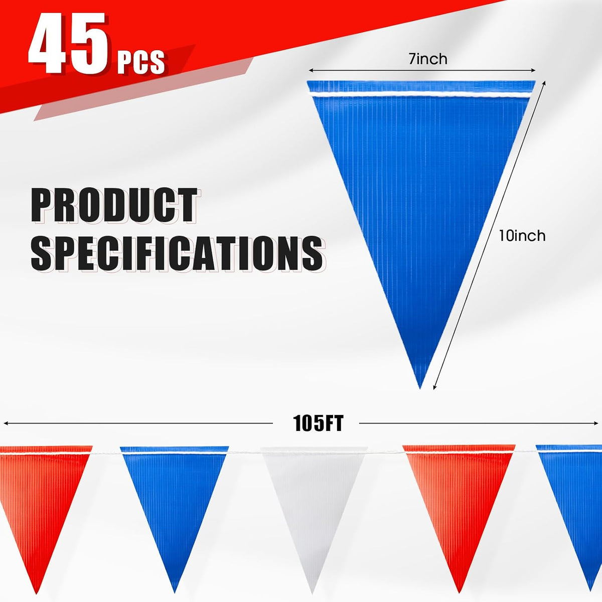 Safety Warning Highly Visible Pennant Banner Flags(45pcs,105ft,White+Blue)