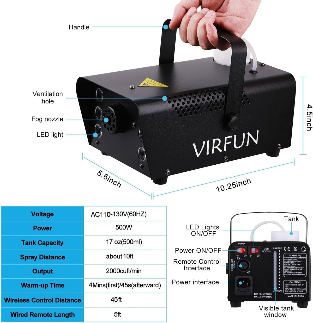 VIRFUN Fog Machine, Smoke Machine with Lights&Remote Control for Party