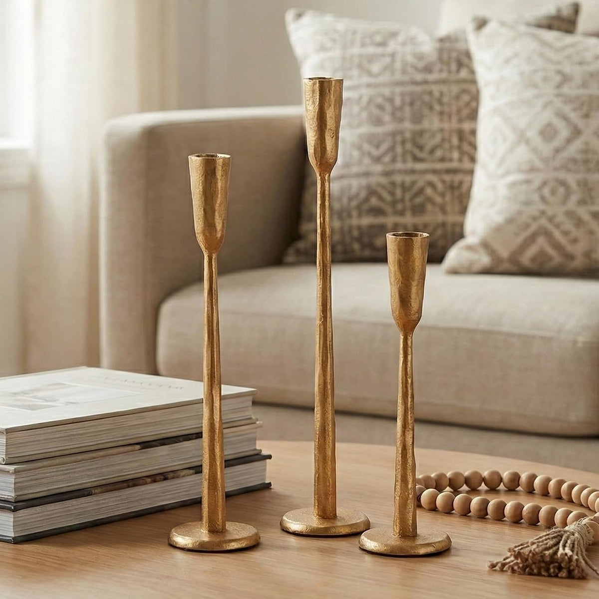 Gold Iron Taper Candle Holder Set of 3, Heavy Wrought Iron Candlestick Holder...