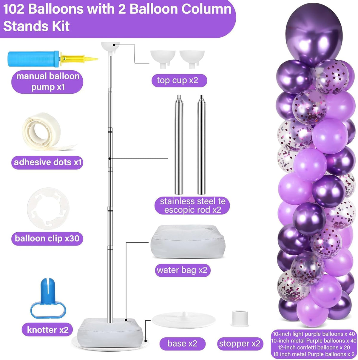 2 Sets Adjustable Balloon Column Stand Kit with Bases(Purple)
