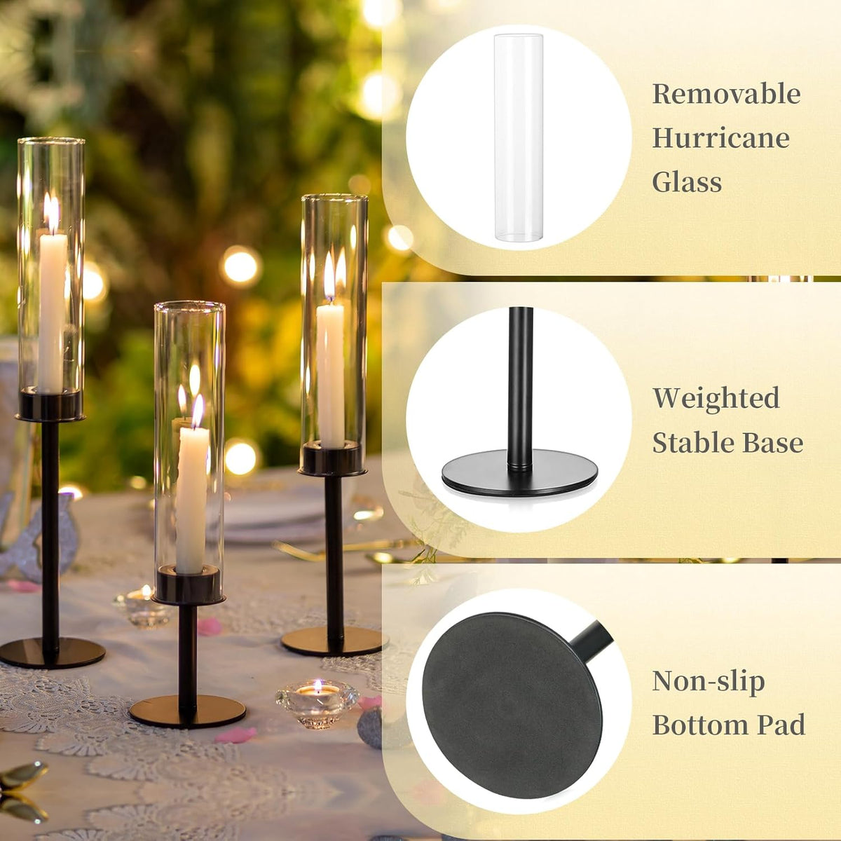 Hewory Black Candlestick Holders: 6PCS Glass Hurricane with Metal Base