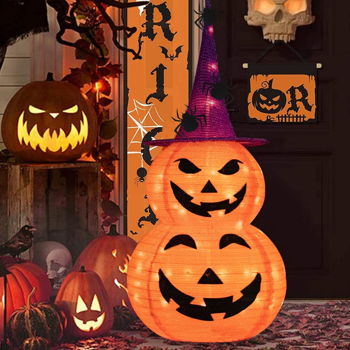 Collapsible Light up Pumpkin Halloween Decorations Outdoor, 3FT Plastic Pre-l...