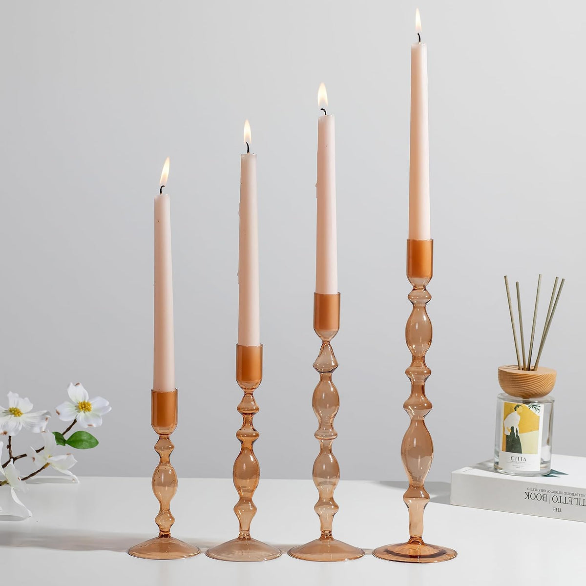 Glasseam Tall Tapered Candlestick Holders, 4 Pcs Glass Taper for Fall Decor