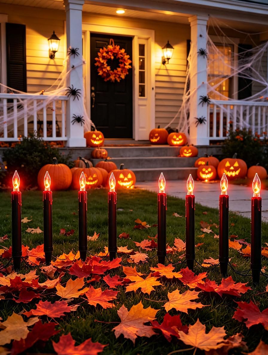 Halloween C18 Flicker Flame Pathway Lights – 19.5FT Plug-in Outdoor Candle Li...