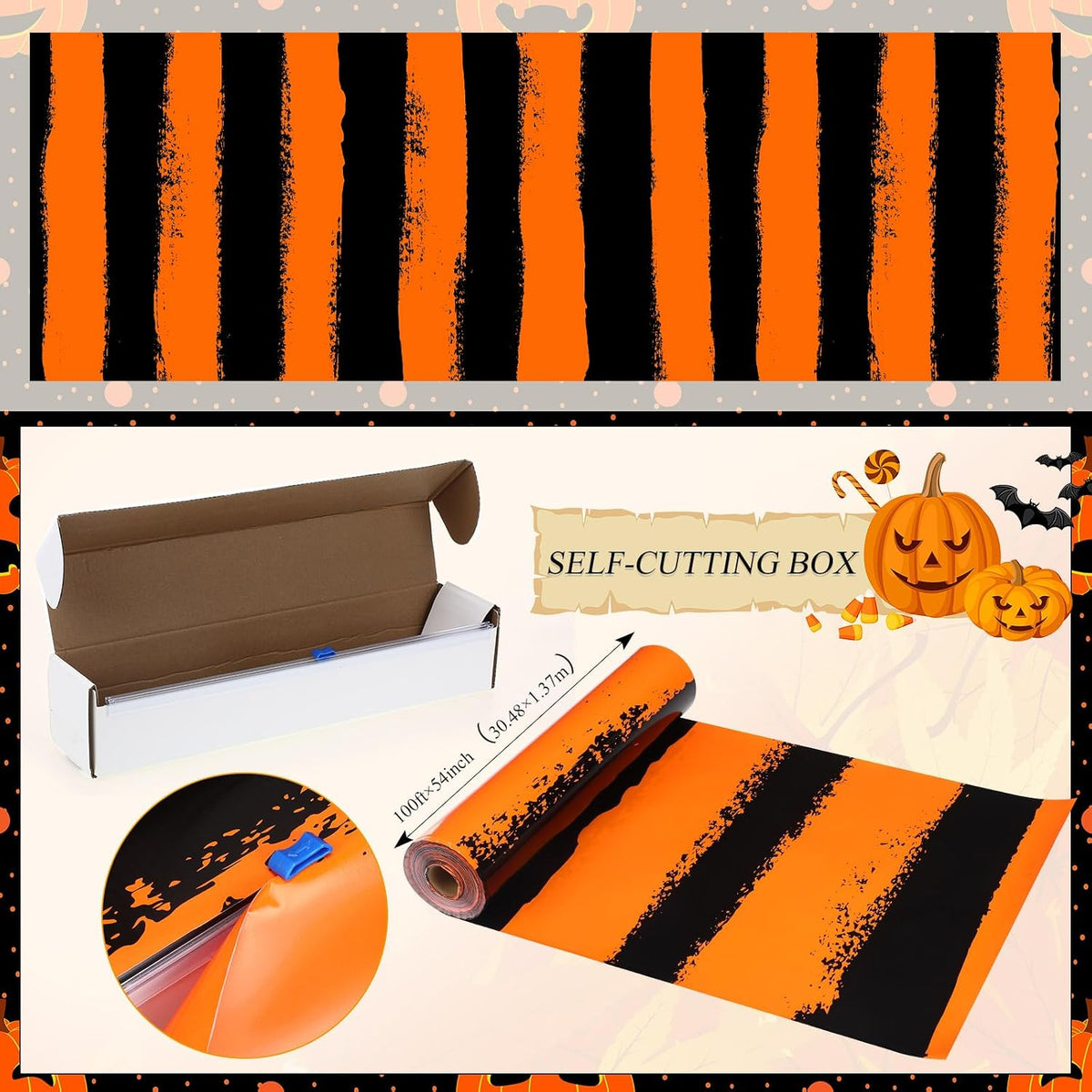 Tudomro 54 Inch x 100 ft Halloween Tablecloth Roll with Cutter Box