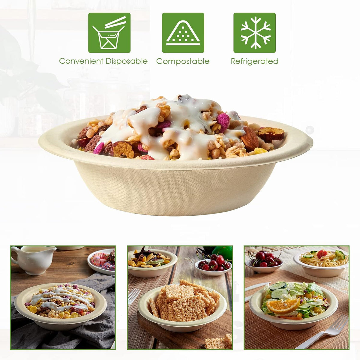 Vplus 500 Pack 12 OZ Compostable Paper Bowls, Bagasse Bowls Bulk,Nature
