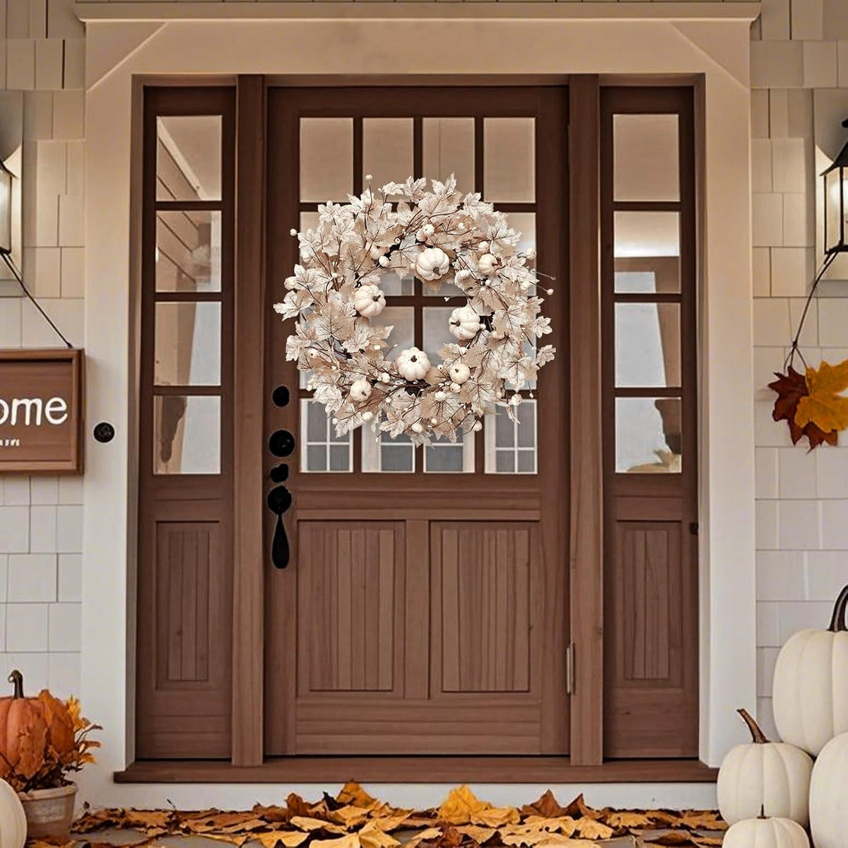 26 Inch Large Foldable Fall Wreath for Front Door with Lights Timer, Autumn M...