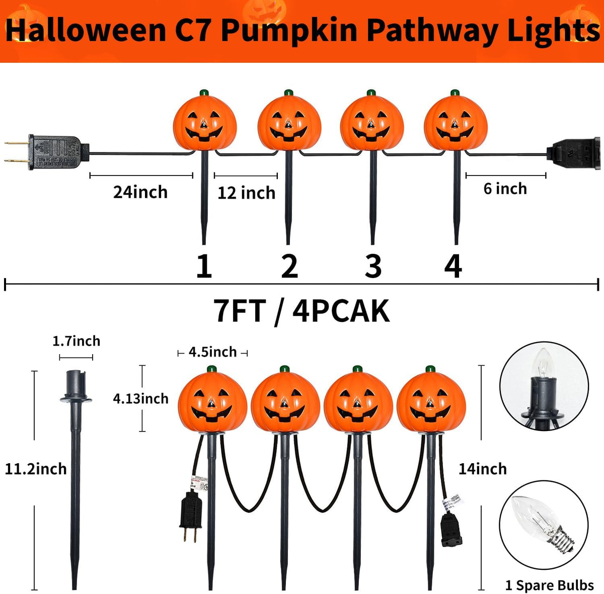 2 Sets 7Ft Halloween Decorations Pathway Lights Outdoor Pumpkin Stake Lights ...