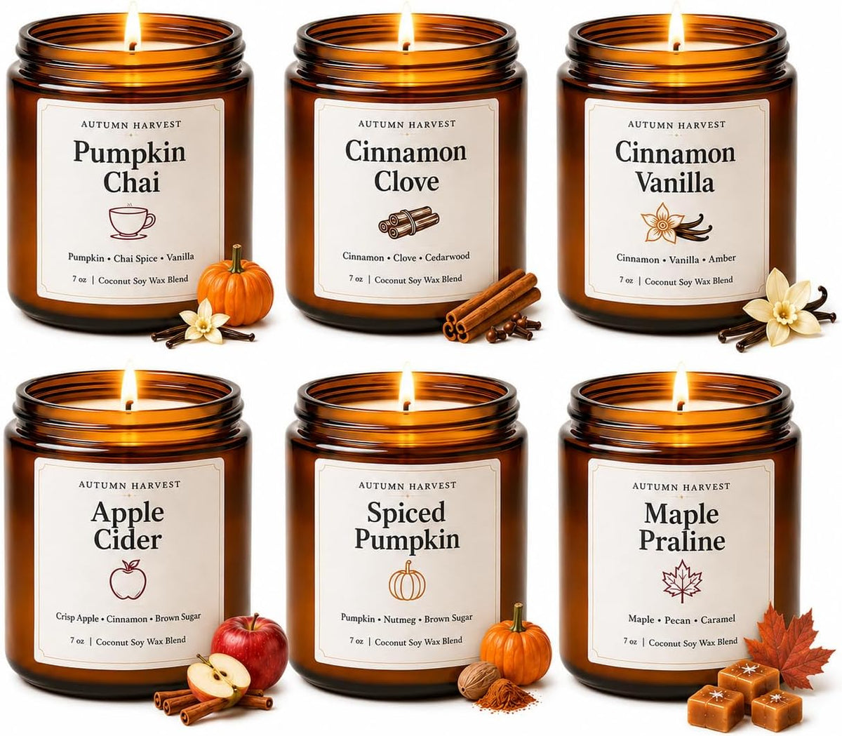 Fall Scented Candle Set of 6, 7 oz Soy Candles for Home, Autumn Gift Set