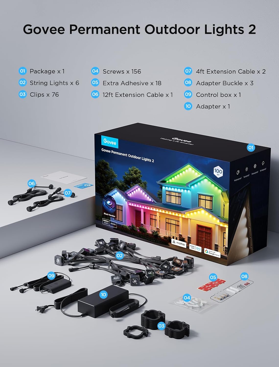 Govee Permanent Outdoor Lights 2, 100ft RGBIC Outdoor Lights with 100 Modes