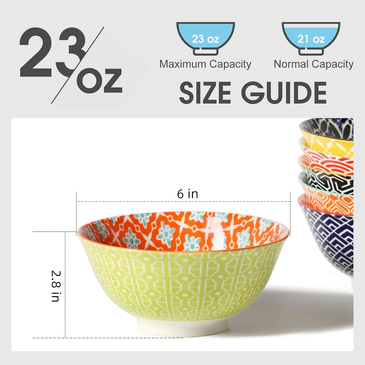 Metahom Ceramic Cereal Bowls Set of 6, Colorful Soup Bowls 23 Oz