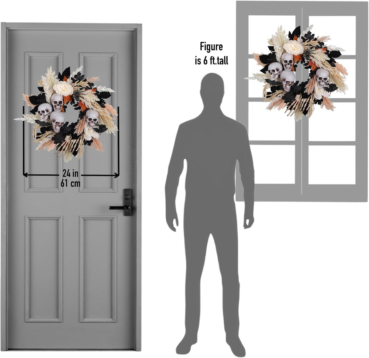 24" Halloween Wreath for Front Door with Artificial Skulls, Wheat, Maple...