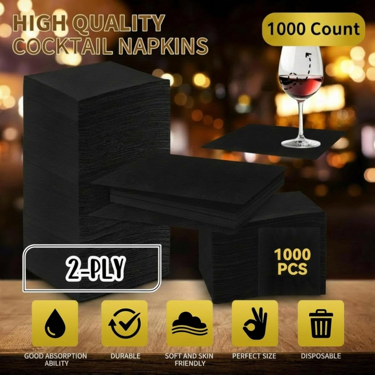 Henoyso 1000 Pack 2 Ply 4.5 x 4.5 Inch Black Cocktail Napkins Bulk