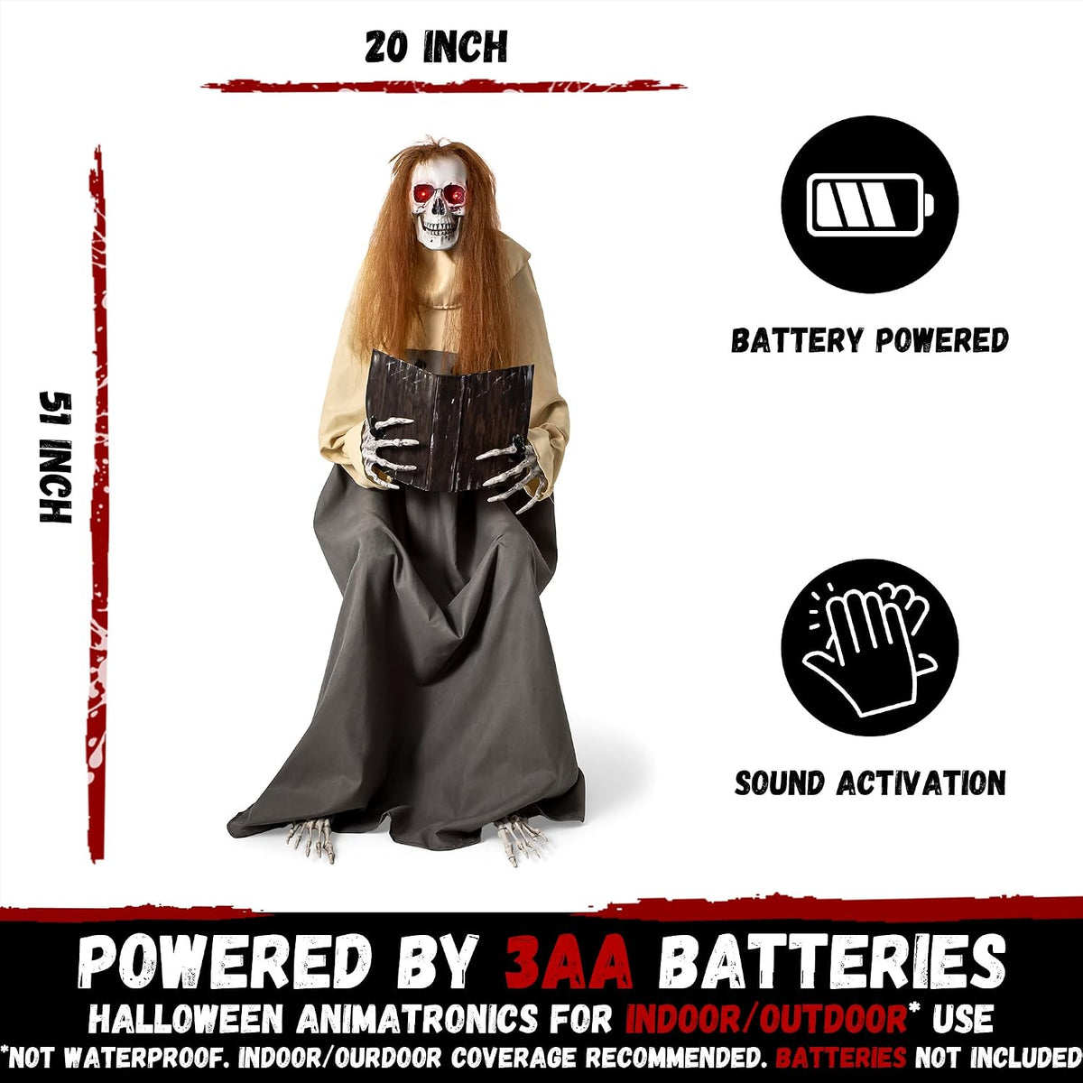 Halloween Animatronics Sitting Skeleton Ghost Decorations, 51'' Anima...
