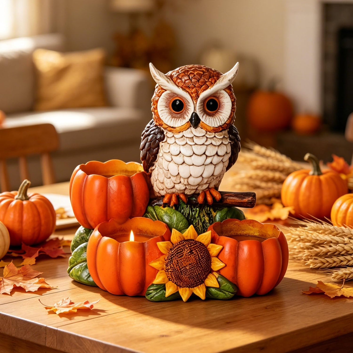 Fall Owl Candle Holder with 3 Pumpkin Tealight Holders