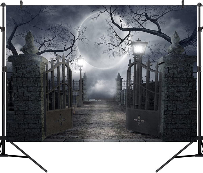 Halloween Night Full Moon Backdrop Gloomy Woods Graveyard Photography Background Horrible Cemetery Spooky Party Banner Halloween Party Decoration Photo Booth Props 10X8FT TP17H