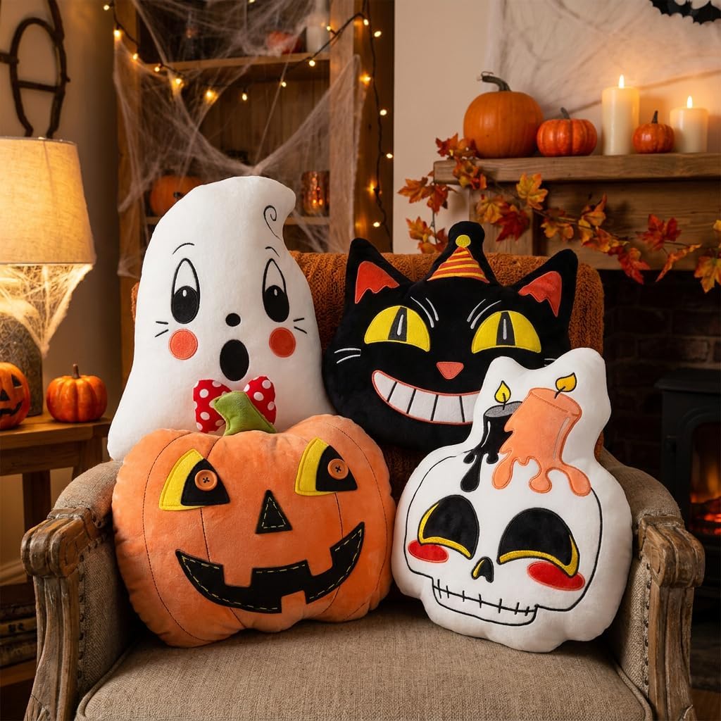4Pcs Halloween Pillows Skeleton Ghost Black Cat Vintage Retro Traditional 90S...