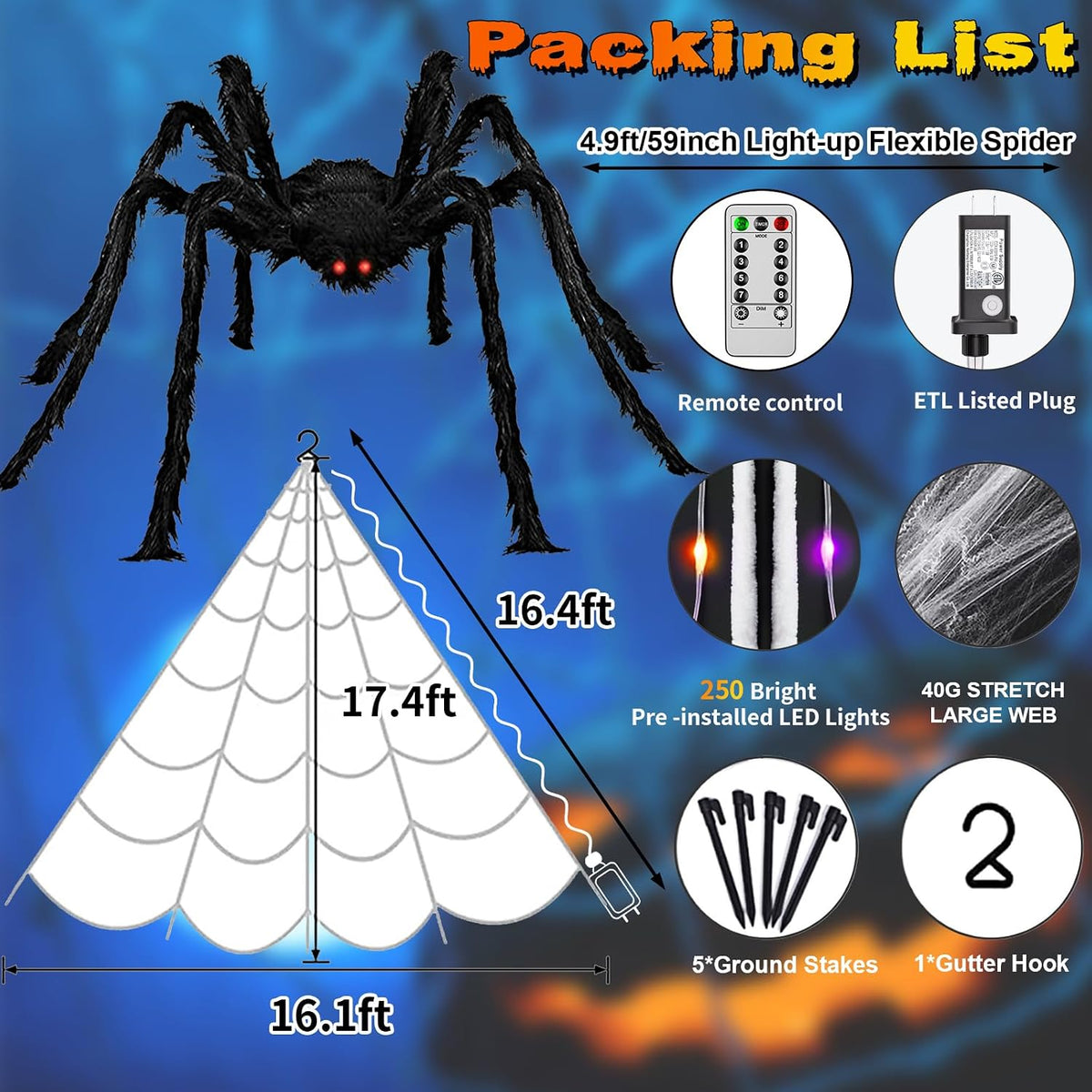 Halloween Decorations Outdoor, 250 LED Halloween Giant Spider Web Lights, 200...