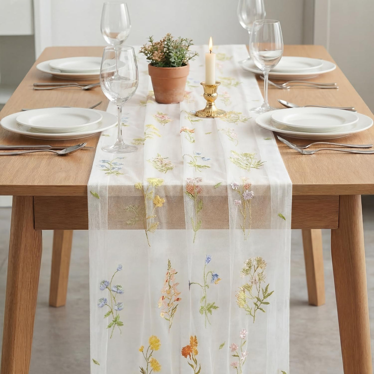 Artoid Mode 6PC Floral Milky White Embroidery Table Runner 120 Inch 10FT