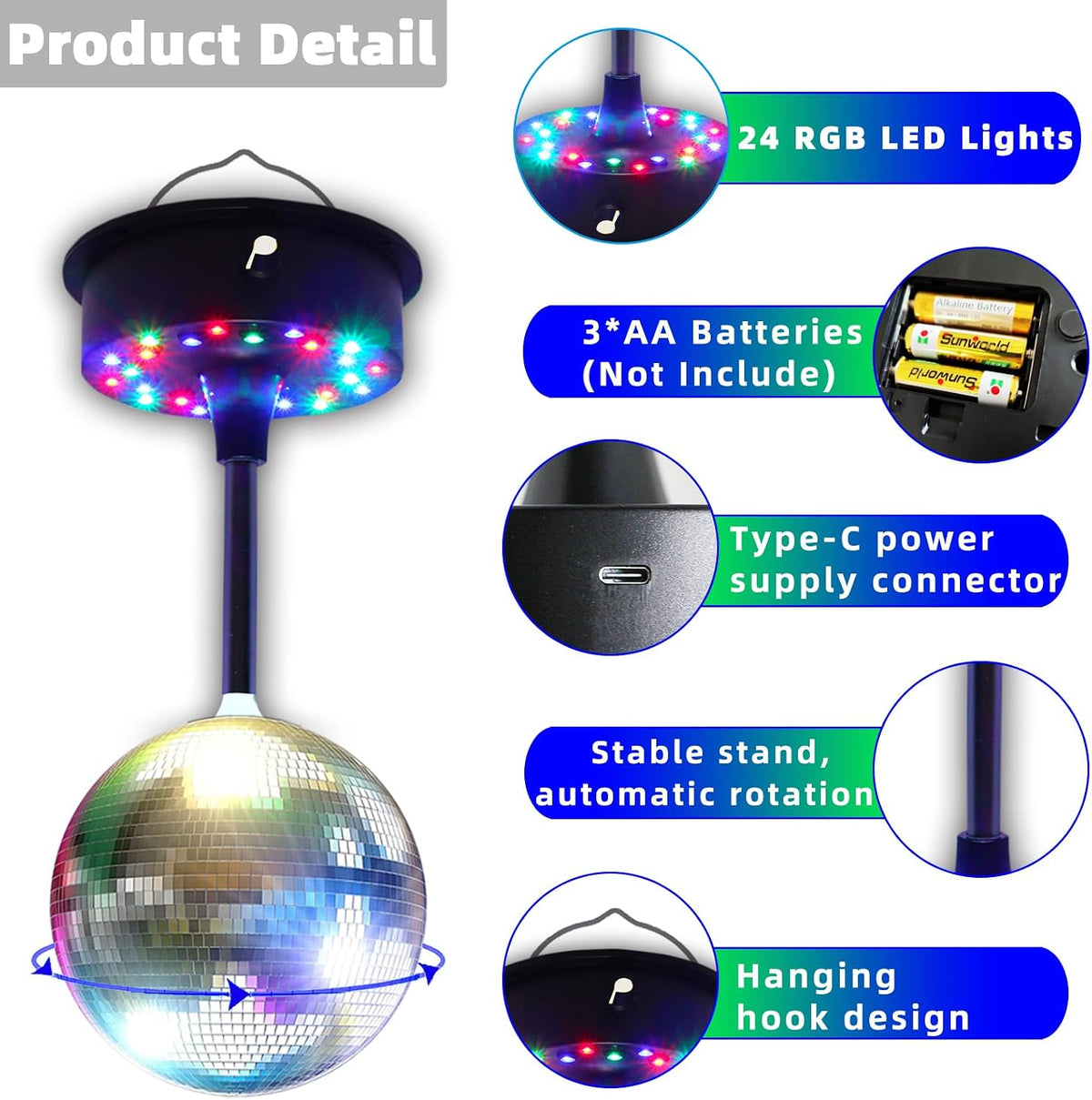 6'' Mirror Disco Ball with 24 LEDs 5-9 RPM Adjustable Rotating Motor ...