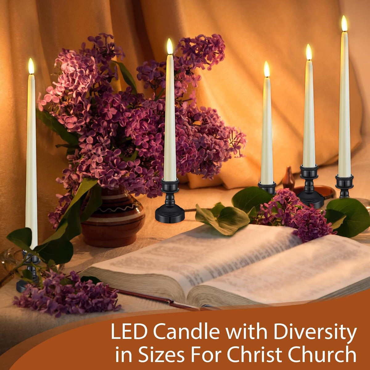 Rossesay 12 Pcs LED Taper Candles Holders, Black Holder & Ivory Candles