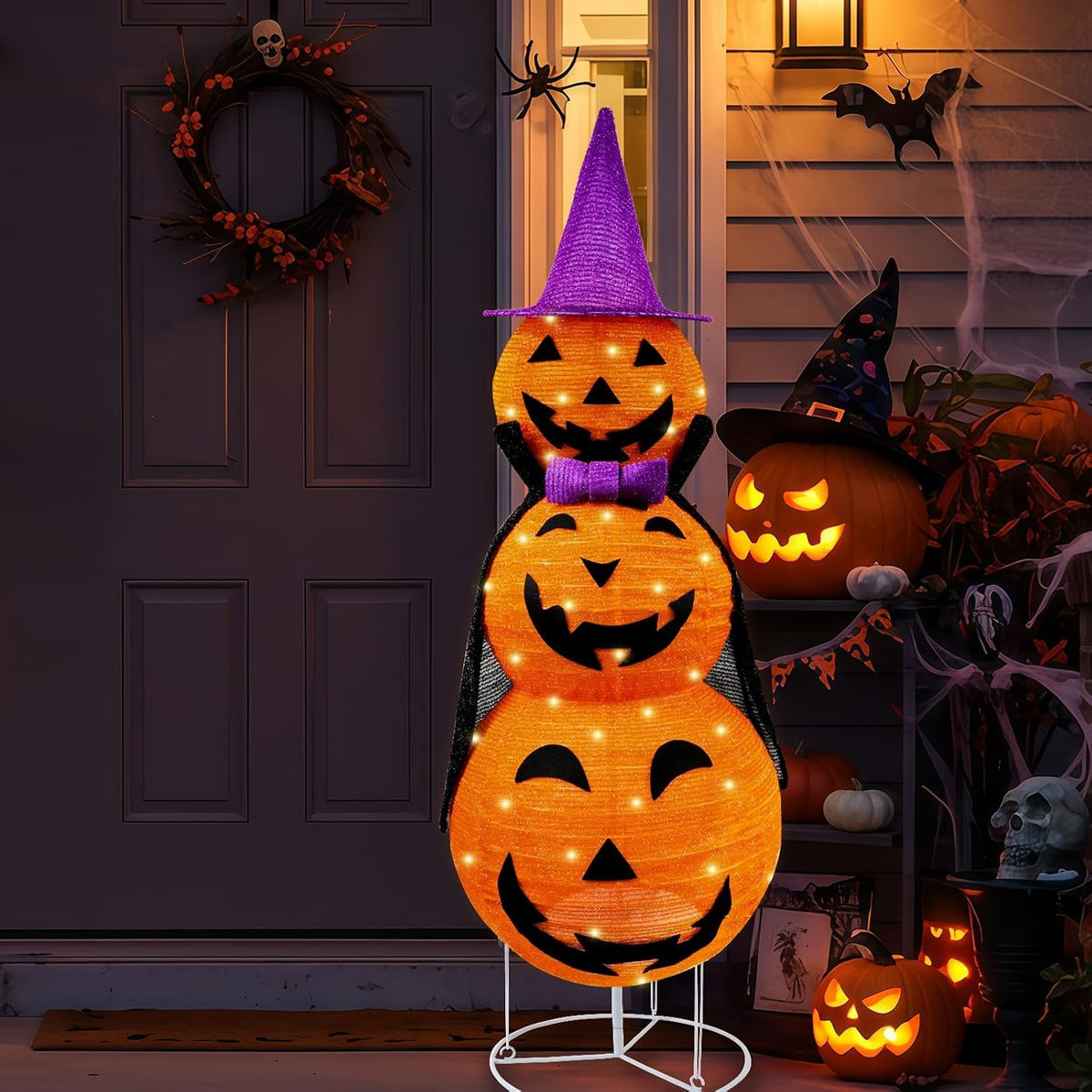Collapsible Light up Pumpkin Halloween Decorations Outdoor, Plastic Pre-lit S...