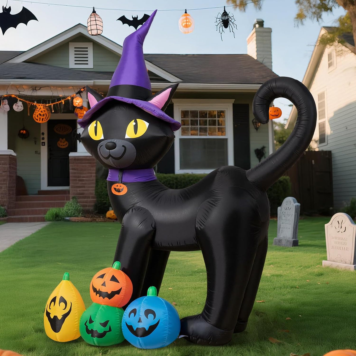 6FT Halloween Inflatable Black Cat with Witch Hat and 4 Colorful Pumpkins, Cu...