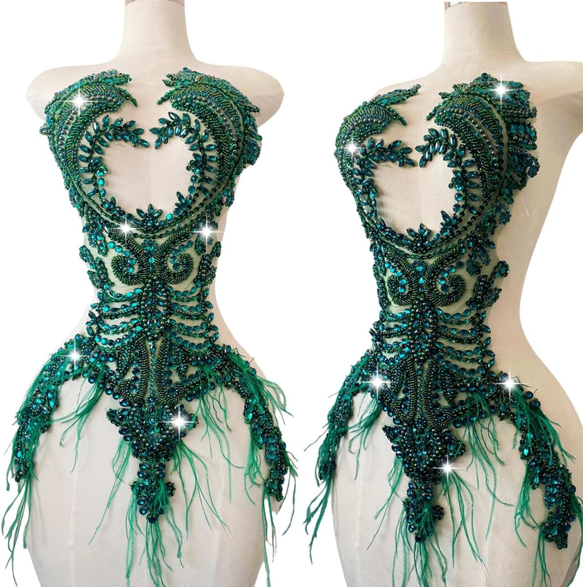 Handsewing Beads Trim Patches Rhinestones Bodice Applique with Ostrich Fur De...