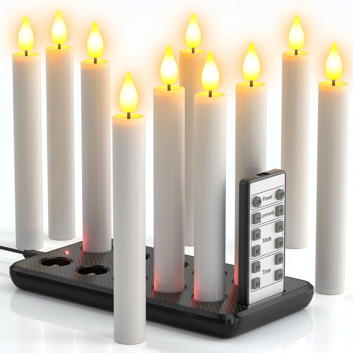 PChero Rechargeable Flameless Taper Candles with Charging Station, 10 Pack