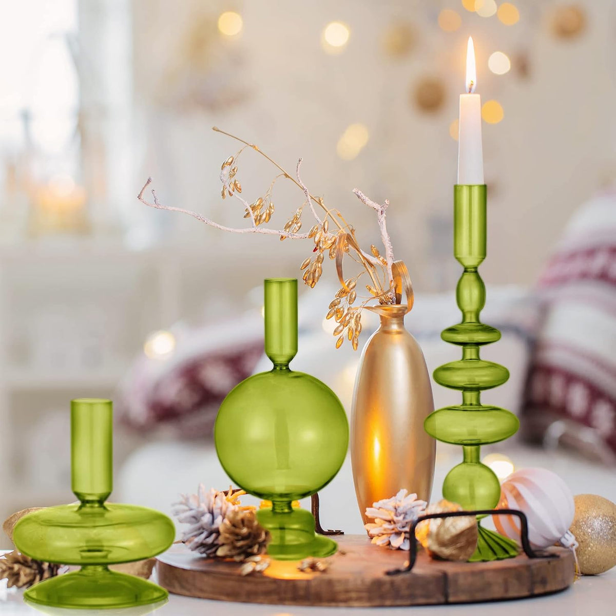 Rtteri 3 Pcs Glass Candle Holder Candlesticks Holders, Green