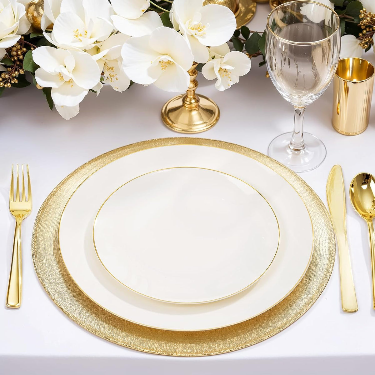 Nervure 100Pcs Ivory and Gold Plastic Plates, 7.5″Disposable Dessert Plates