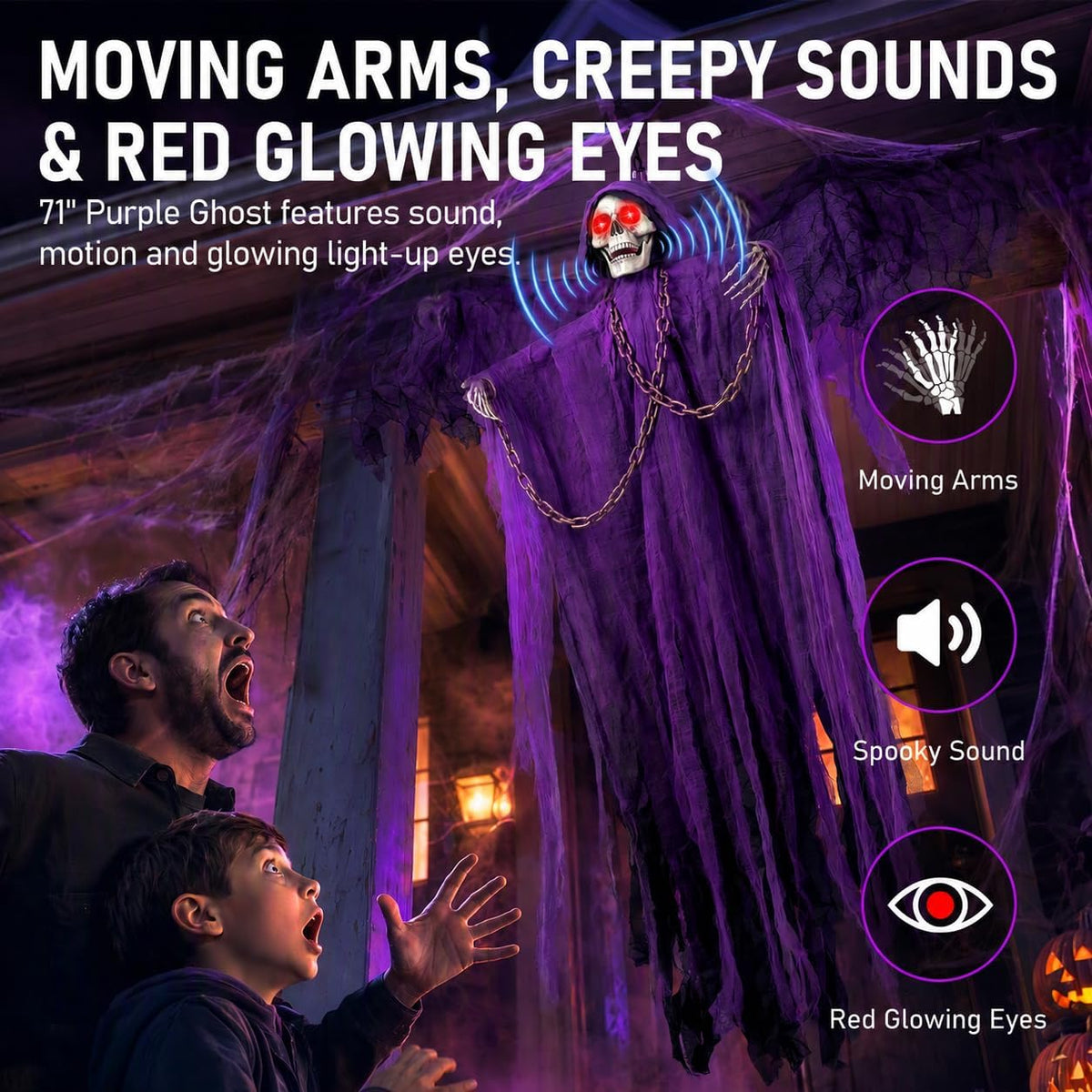 71" Halloween Hanging Skeleton Ghosts with Moving Grabbing Arm, Scary So...