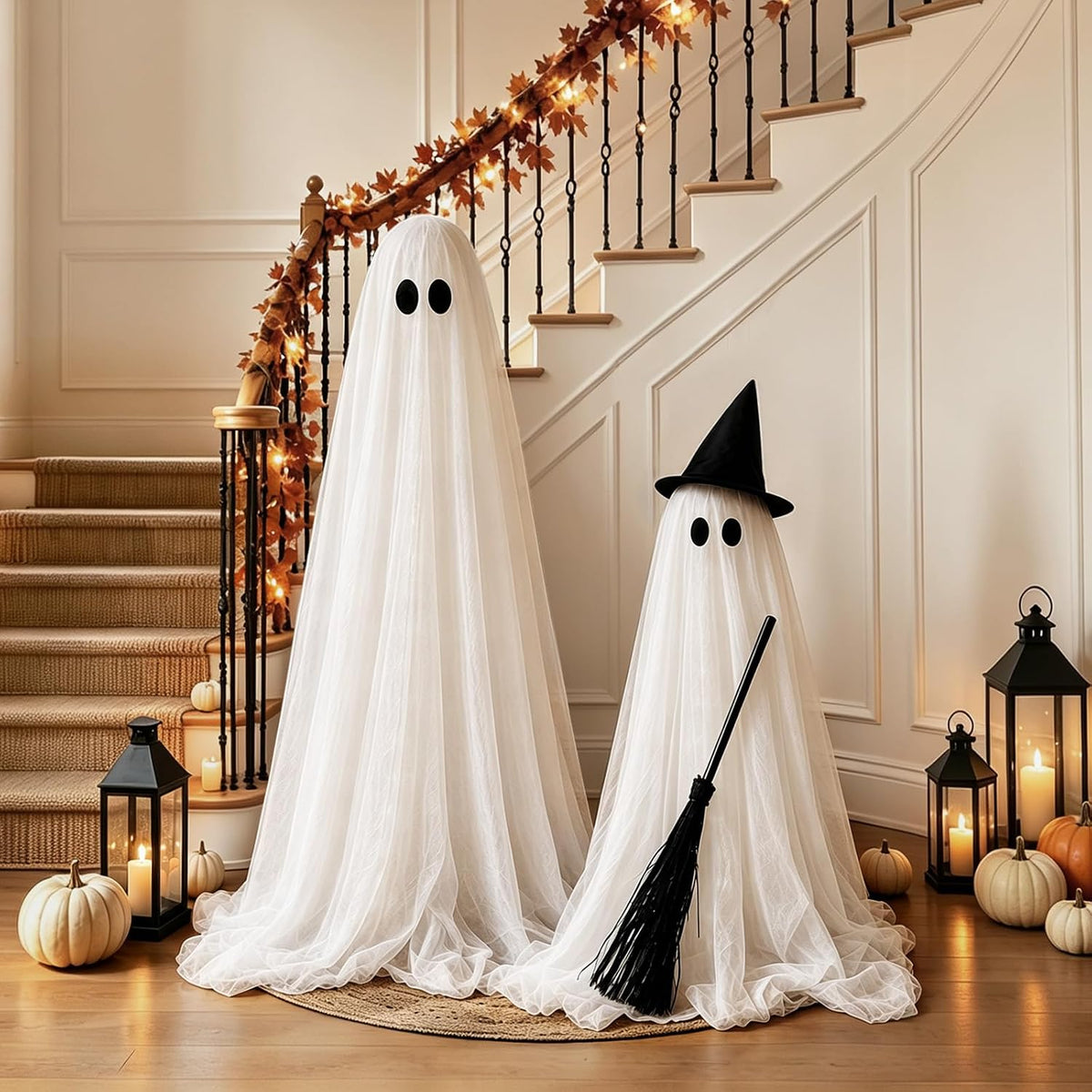 Halloween Decorations Outdoor, 2 Packs Light-Up Spooky Ghost Witch Broom