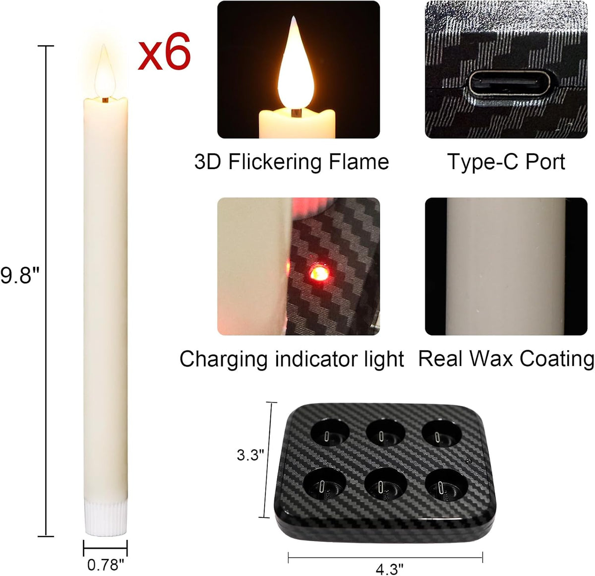 GenSwin Rechargeable Flameless Taper Candles Charging Base & 2 Remote Ivory