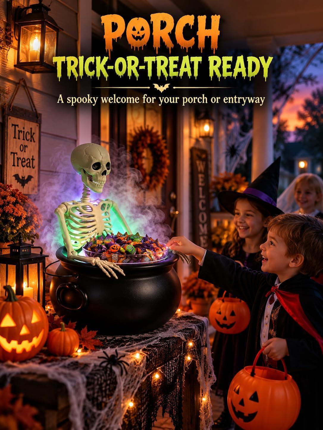 HOMELEX Halloween Cauldron Candy Bowl with Skeleton, LED Mist Maker Decor for...