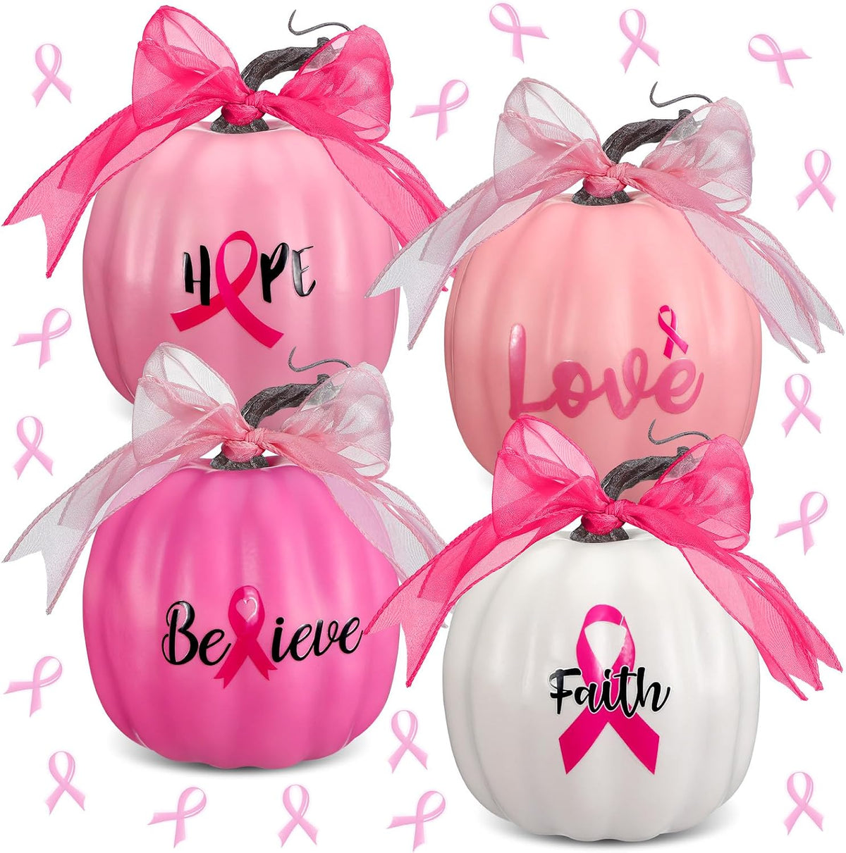 4 Sets Breast Cancer Awareness Pumpkins Decorations Pink Artificial Foam Pump...