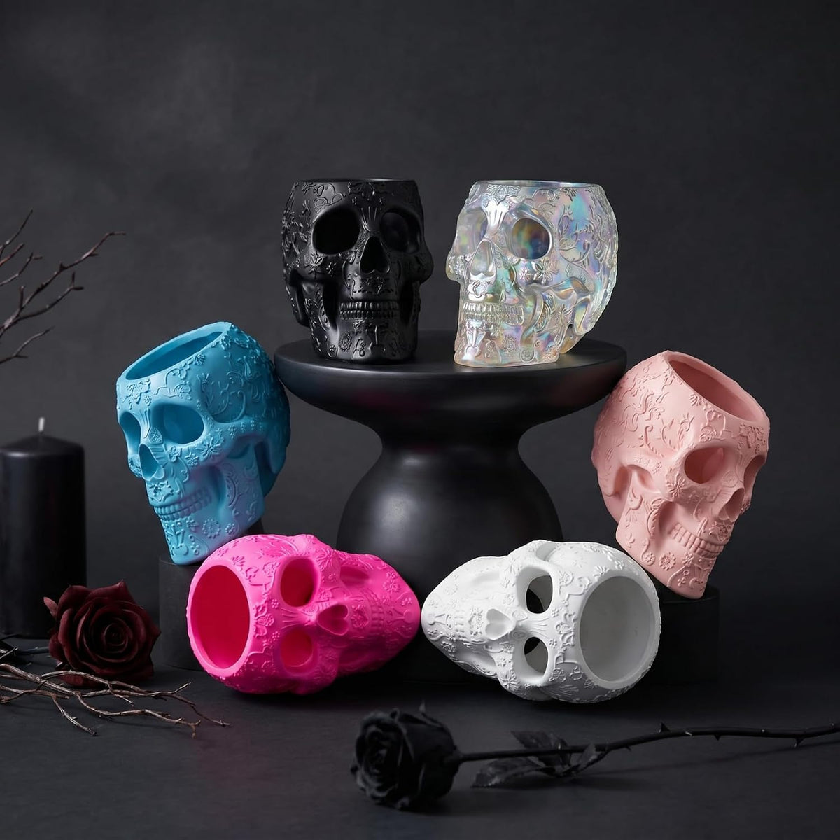 Skull Makeup Brush Holder, Pen Holder, Vanity, Desk, Office Organizer, Statio...