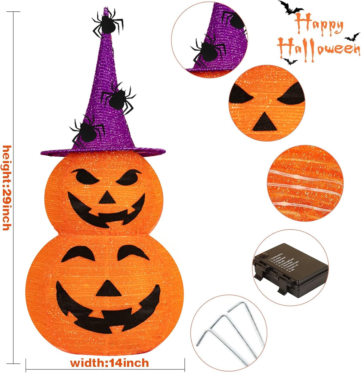 Collapsible Light up Pumpkin Halloween Decorations Outdoor, 3FT Plastic Pre-l...