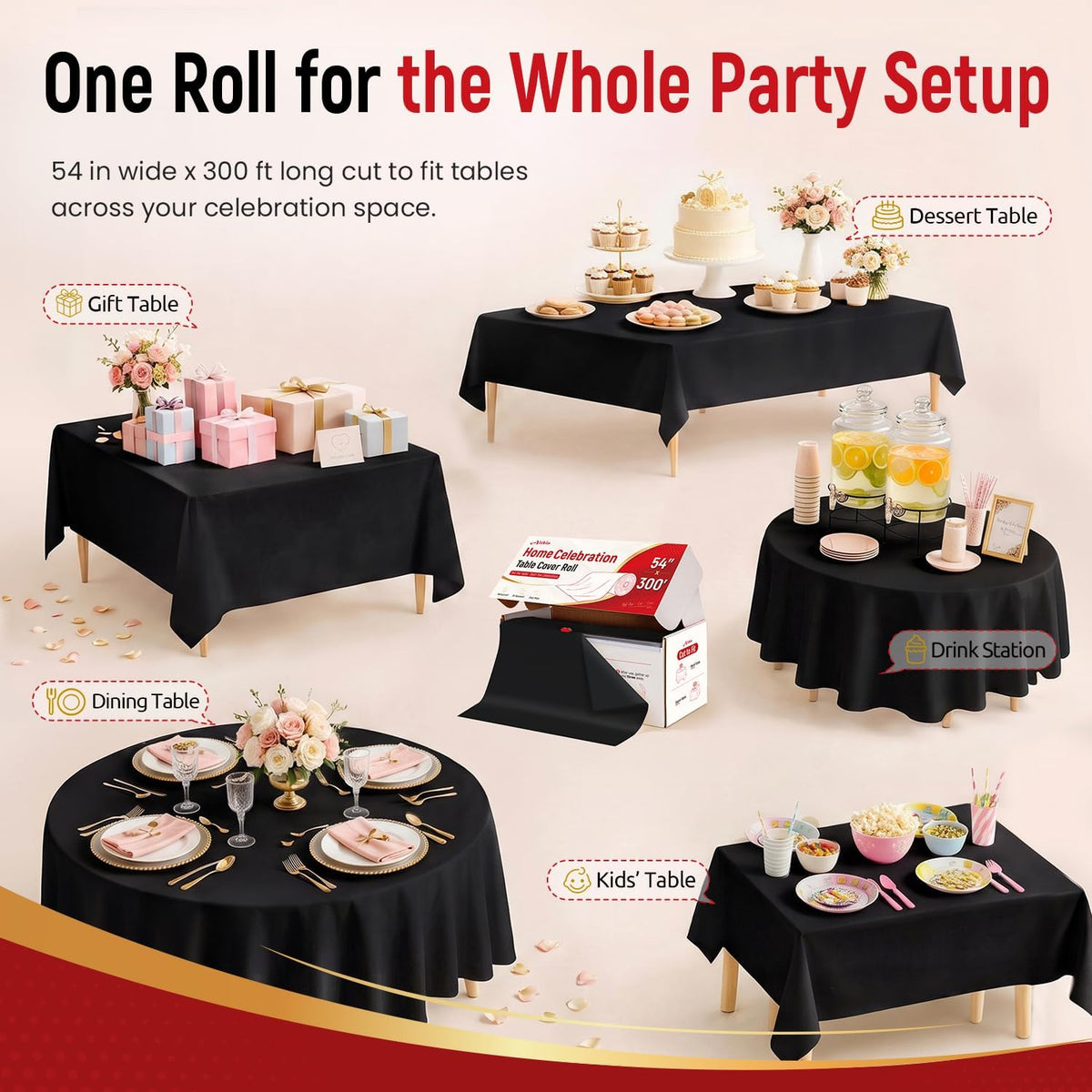 Plastic Table Cover, 300 Ft X 54 In Disposable Table Cloth Rectangle Table