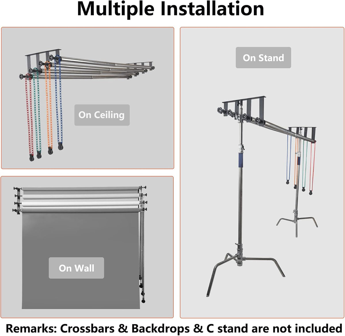 Photography Backdrop Roller Support System, 4 Rollers, Wall/Celing/Light Stan...