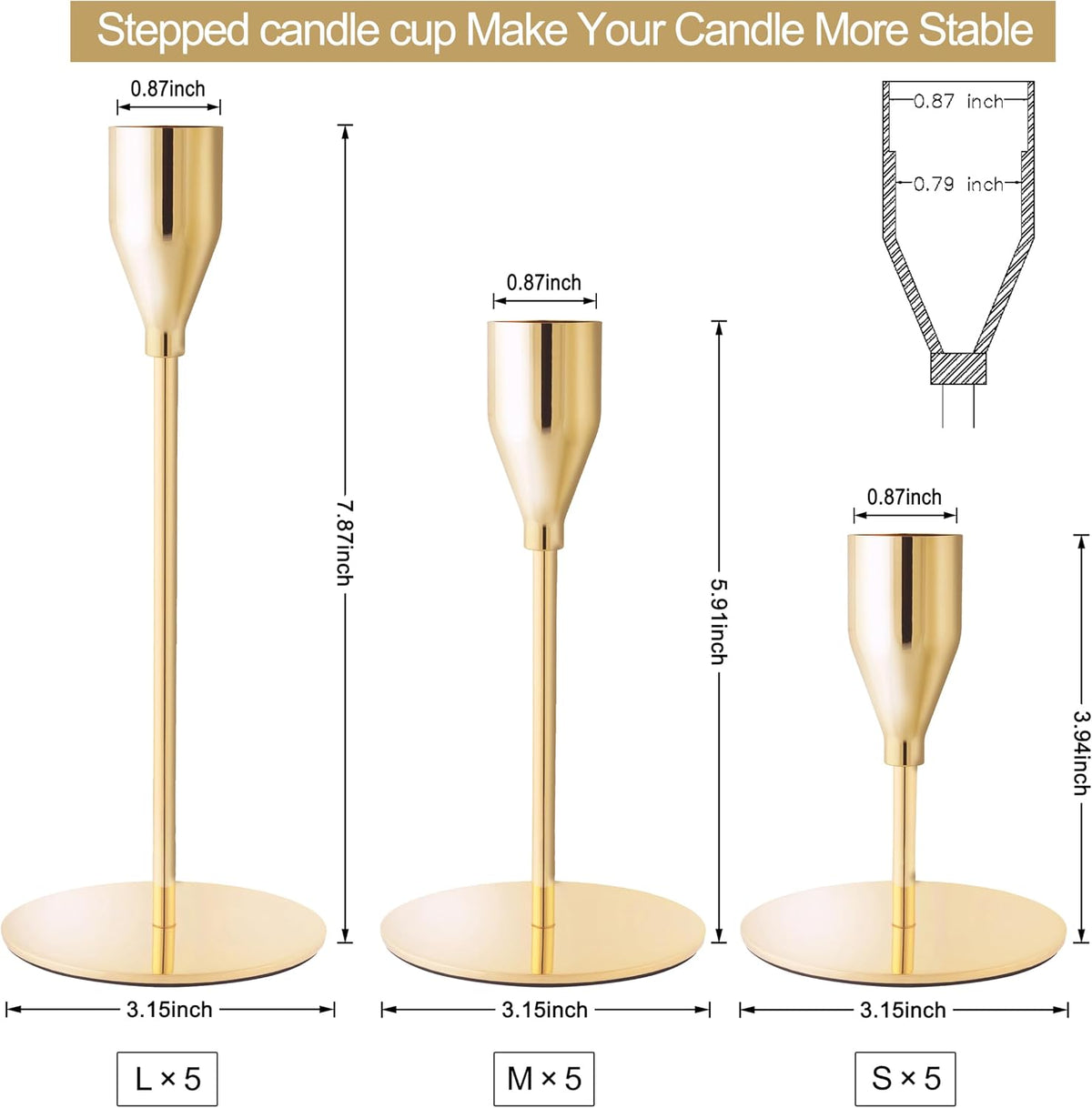Gold Candlestick Holders, Metal Taper Candle Holders, Bulk Set of 15