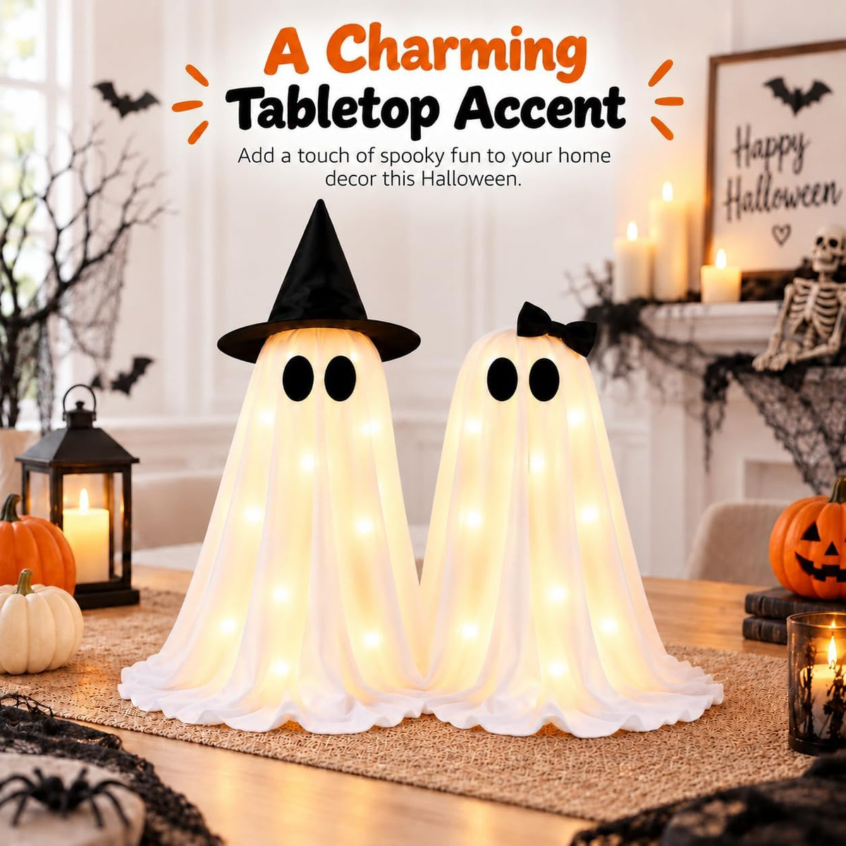 2 Pack Halloween Ghost Decorations Indoor Outdoor, Lighted Ghost Decor with W...