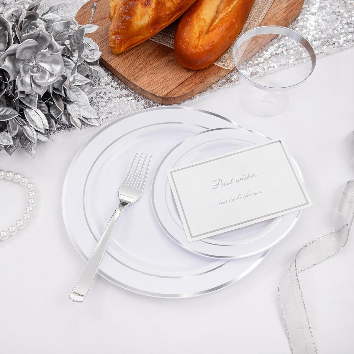WELLIFE 300Pcs Silver Elegant Plastic Dinnerware Set for 50 Guests - Premium ...