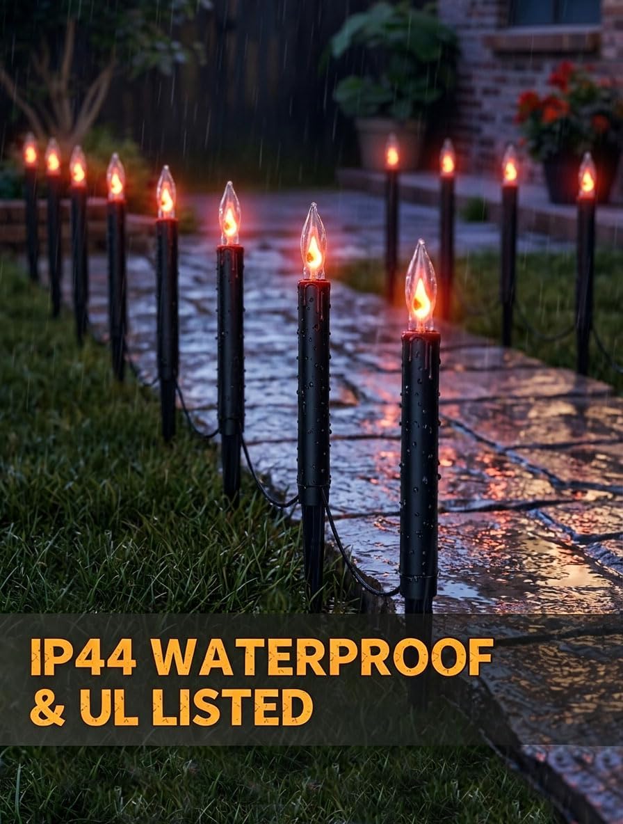 Halloween C18 Flicker Flame Pathway Lights – 19.5FT Plug-in Outdoor Candle Li...