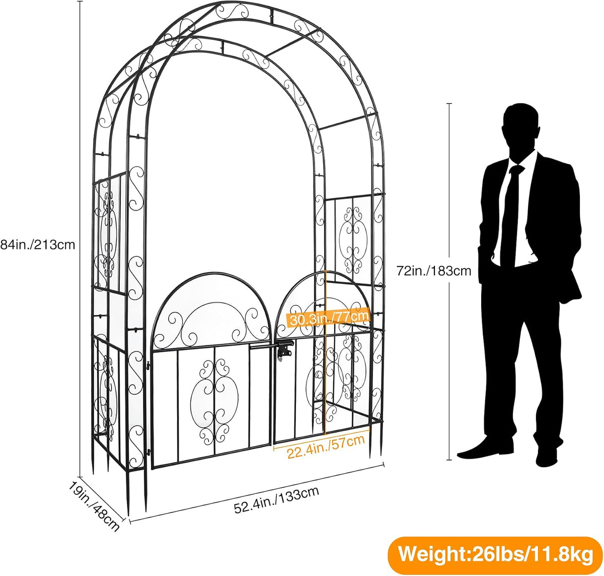 84in High Metal Garden Arbor with Gate, Heavy Duty Wide Garden Arch, Metal Ar...