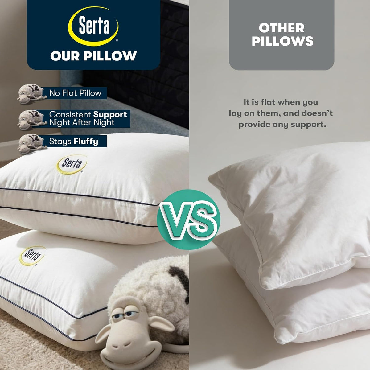 Serta Bed Pillows Queen/Standard Size Set of 2, Medium Soft Support, White