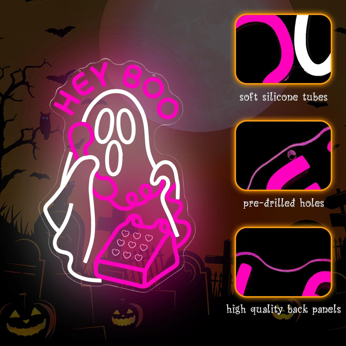 Hey Boo Halloween Neon Sign for Wall Decor Ghost Led Neon Sign Dimmable